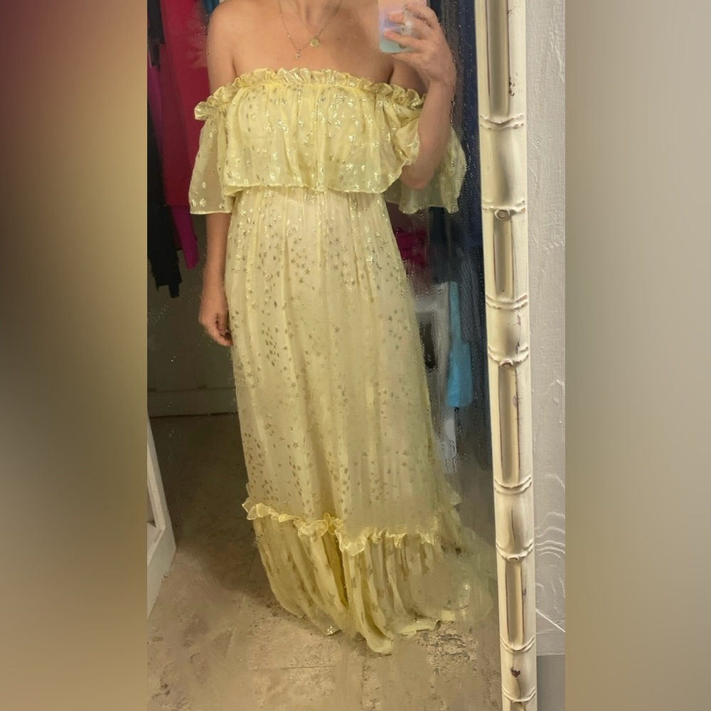 Love shack fancy off shoulder yellow star dress